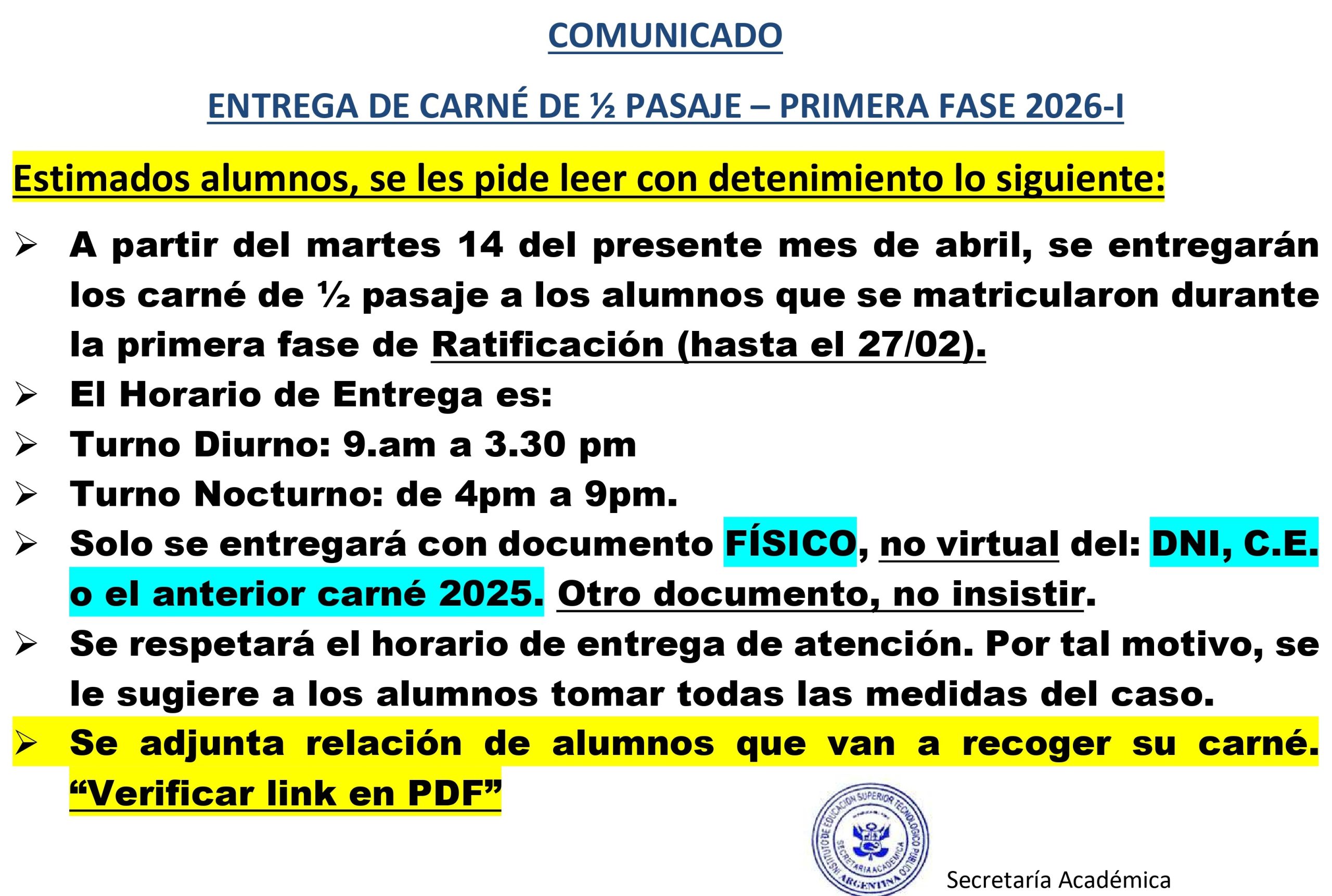 ENTREGA DE CARNÉ DE ½ PASAJE – PRIMERA FASE 2026-I