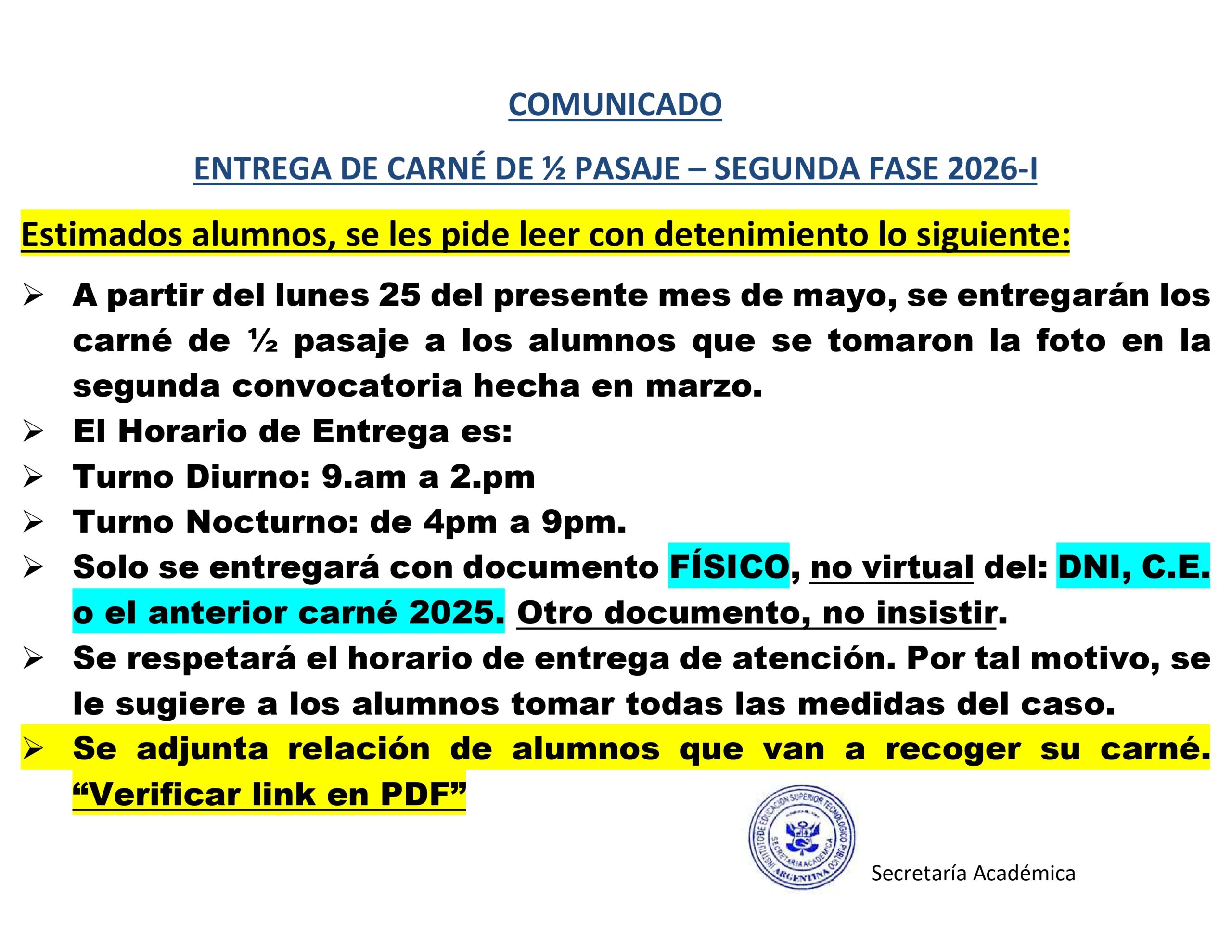 COMUNICADO ENTREGA DE CARNÉ DE ½ PASAJE – SEGUNDA FASE 2026-I