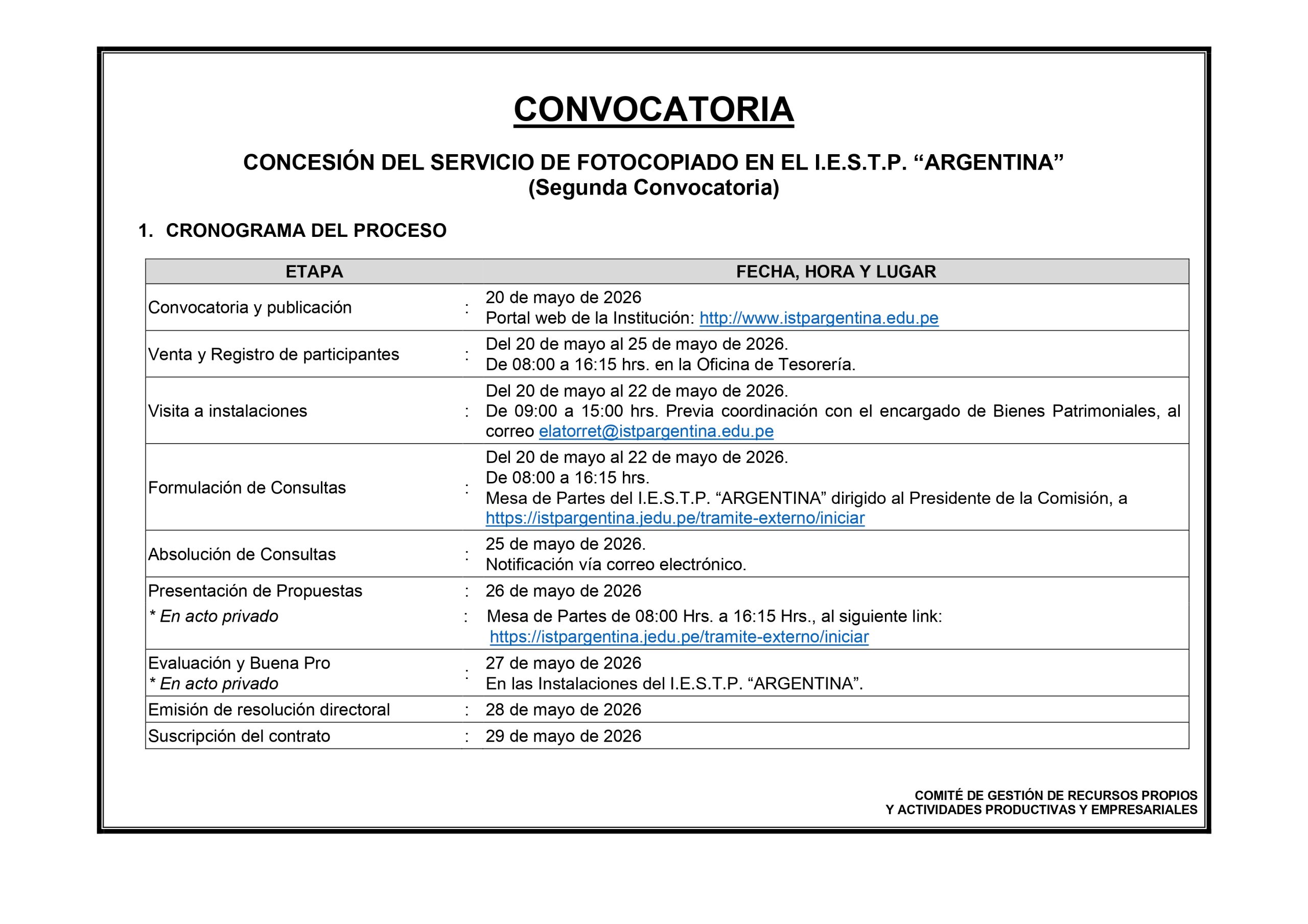 CONVOCATORIA CONCESIÓN DEL SERVICIO DE FOTOCOPIADO EN EL I.E.S.T.P. “ARGENTINA” (Segunda Convocatoria)