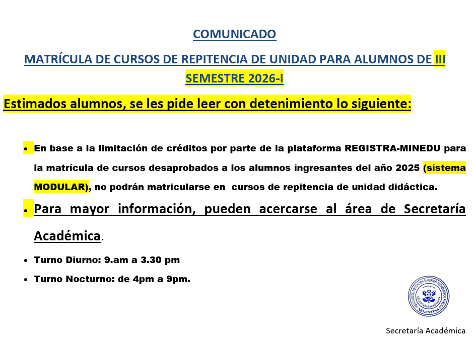 MATRÍCULA DE CURSOS DE REPITENCIA DE UNIDAD PARA ALUMNOS DE III SEMESTRE 2026-I