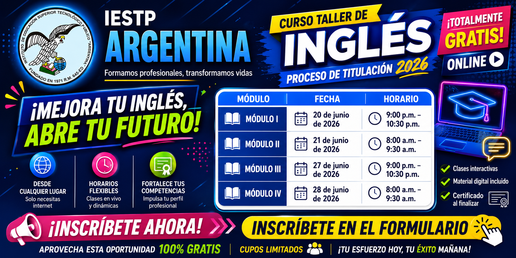 CURSO TALLER DE INGLES – PROCESO DE TITULACION 2026 - GRATUITO