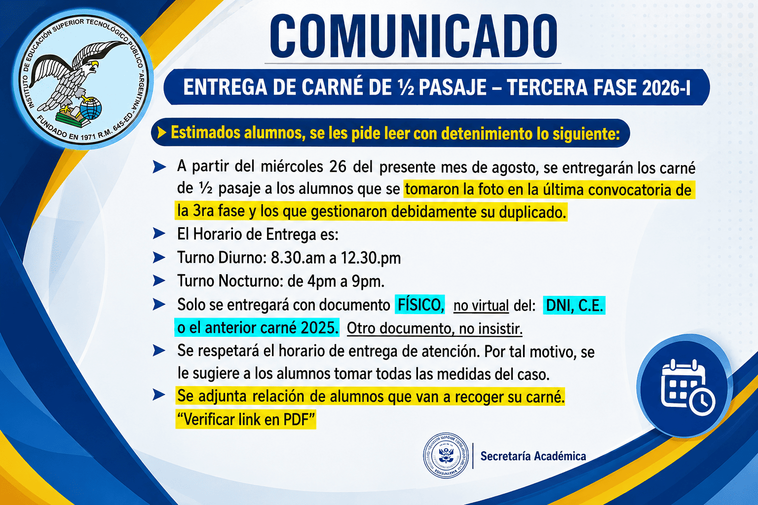 ENTREGA DE CARNÉ DE ½ PASAJE – TERCERA FASE 2026-I