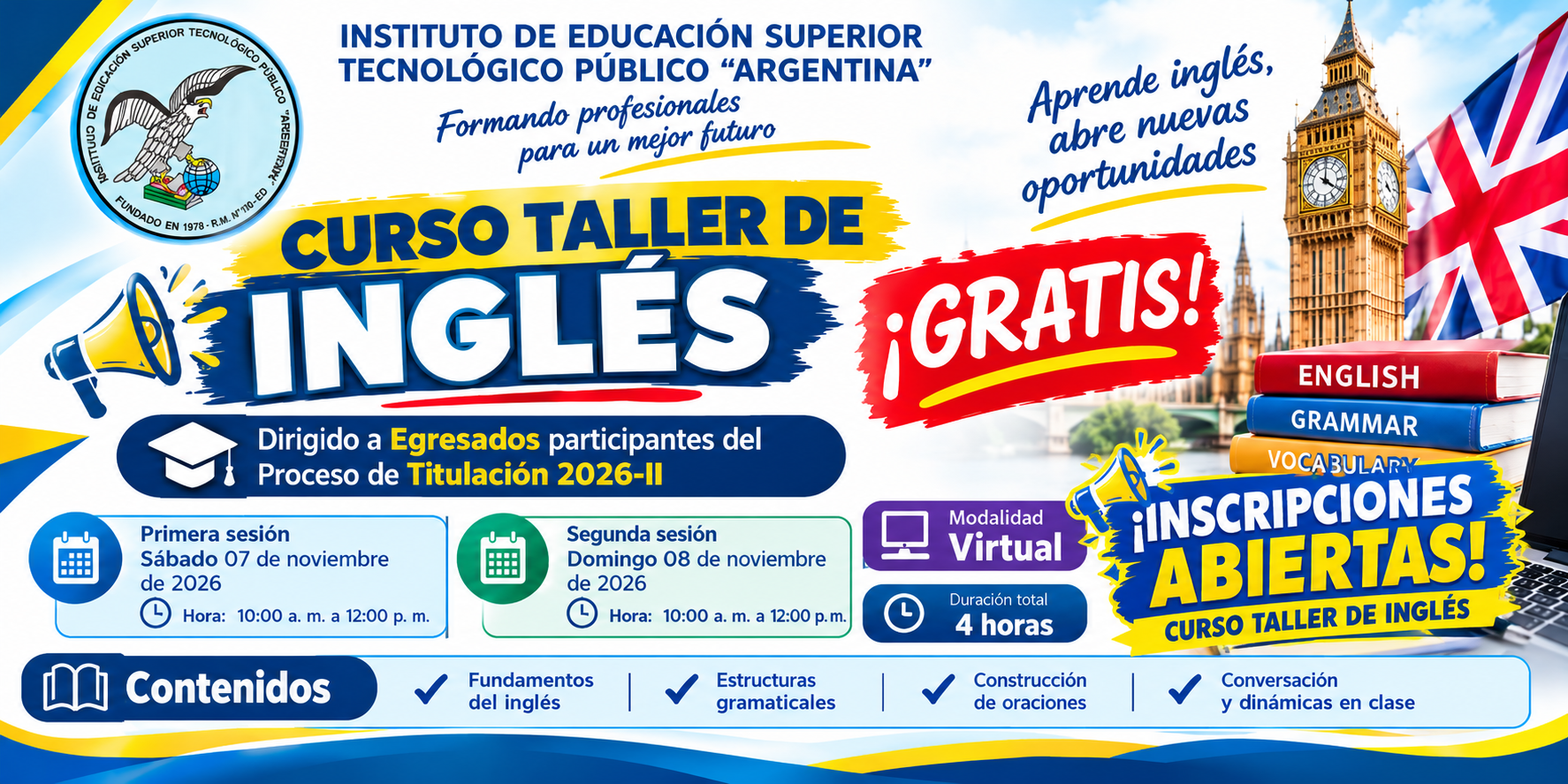 CURSO TALLER DE INGLÉS GRATUITO. 🎉